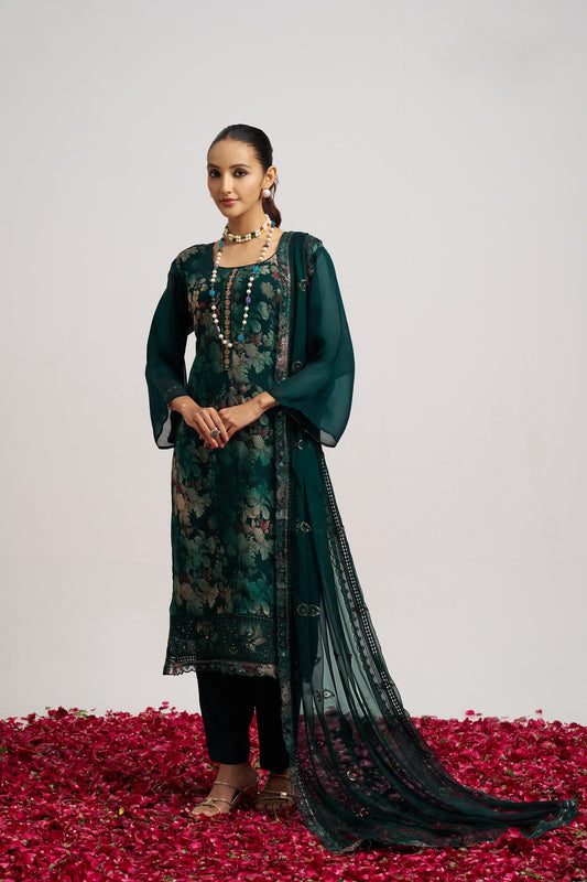 Stunning Dark Green Embroidered Organza Salwar Suit with Dupatta