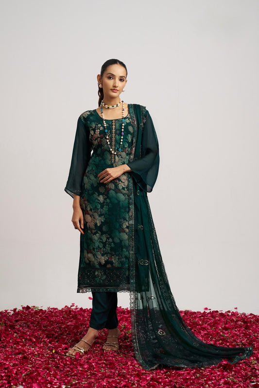 Stylish Navy Blue Organza Embroidered Salwar Suit with Dupatta