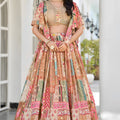 Elegant Beige Multicolor Printed Embroidered Chinnon Silk Lehenga Choli Set with Shrug for Wedding