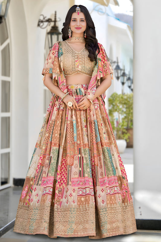 Elegant Beige Multicolor Printed Embroidered Chinnon Silk Lehenga Choli Set with Shrug for Wedding