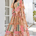 Elegant Beige Multicolor Printed Embroidered Chinnon Silk Lehenga Choli Set with Shrug for Wedding