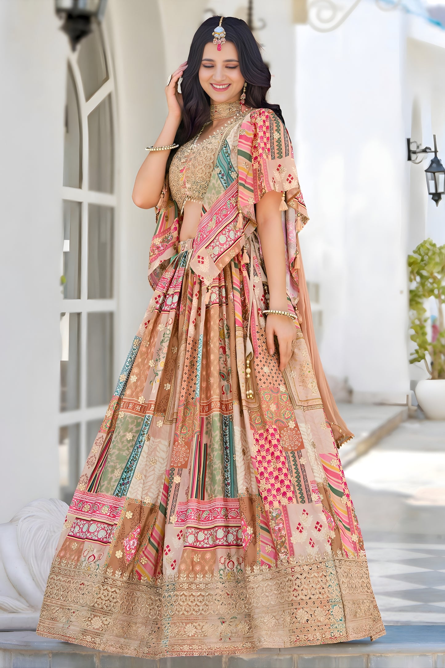 Elegant Beige Multicolor Printed Embroidered Chinnon Silk Lehenga Choli Set with Shrug for Wedding