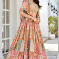 Elegant Beige Multicolor Printed Embroidered Chinnon Silk Lehenga Choli Set with Shrug for Wedding