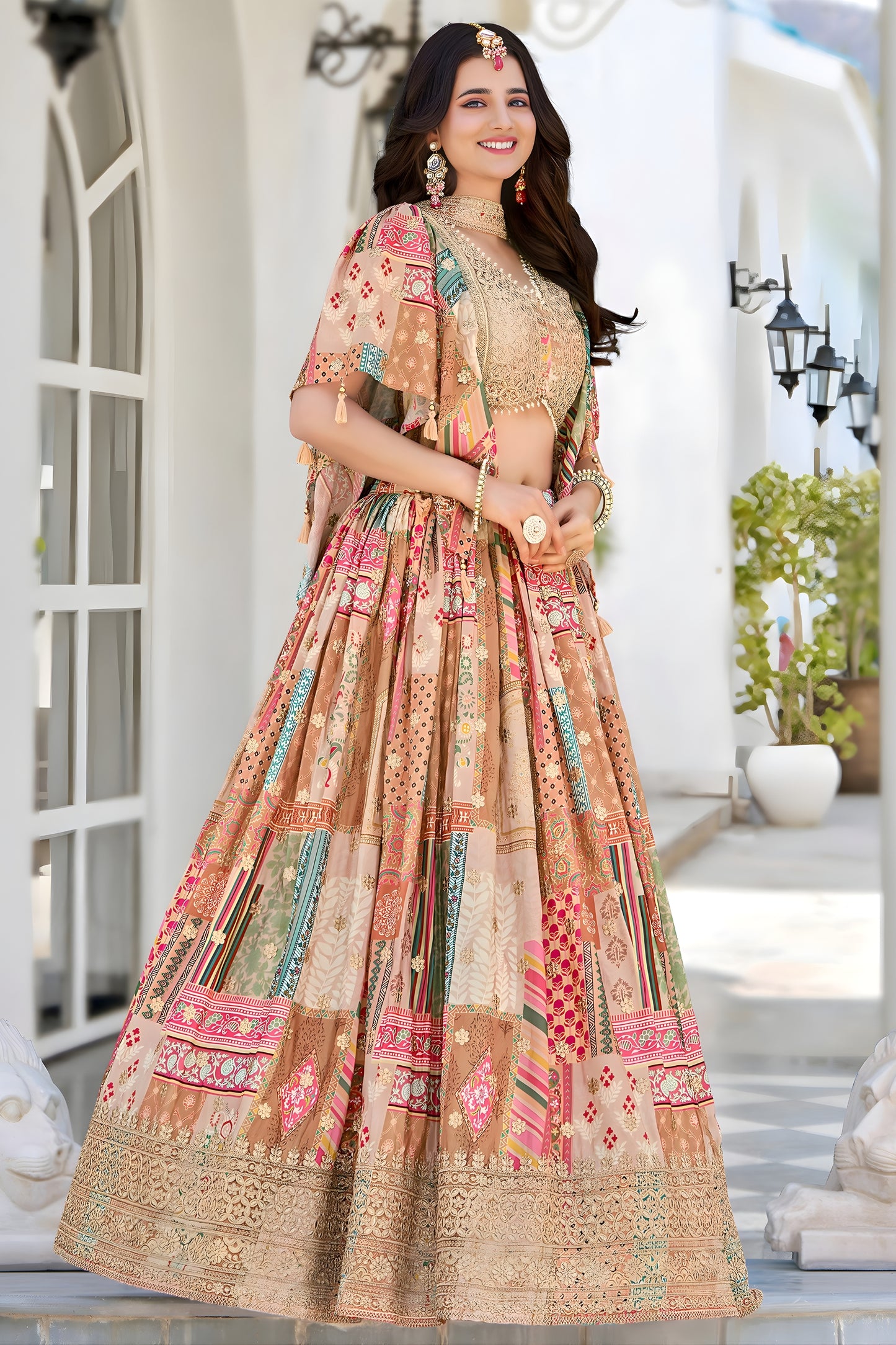 Elegant Beige Multicolor Printed Embroidered Chinnon Silk Lehenga Choli Set with Shrug for Wedding