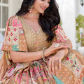 Elegant Beige Multicolor Printed Embroidered Chinnon Silk Lehenga Choli Set with Shrug for Wedding