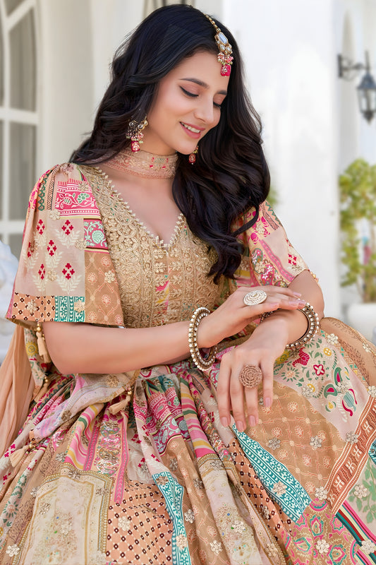Elegant Beige Multicolor Printed Embroidered Chinnon Silk Lehenga Choli Set with Shrug for Wedding