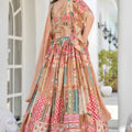 Elegant Beige Multicolor Printed Embroidered Chinnon Silk Lehenga Choli Set with Shrug for Wedding