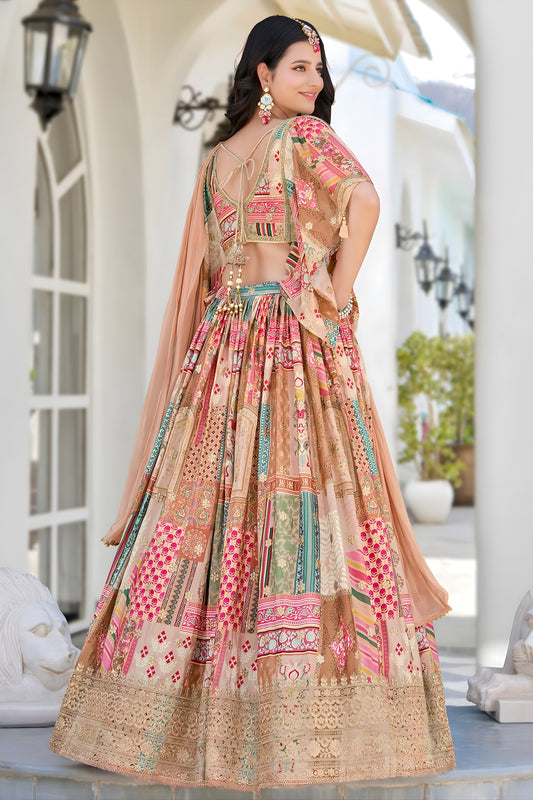 Elegant Beige Multicolor Printed Embroidered Chinnon Silk Lehenga Choli Set with Shrug for Wedding