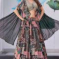 Stylish Black Multicolor Printed Embroidered Chinnon Silk Lehenga Choli Set with Shrug for Wedding