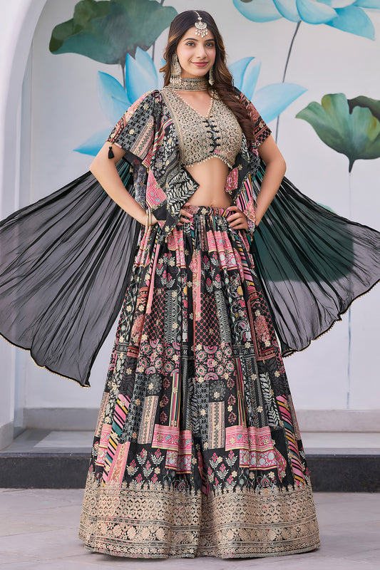 Stylish Black Multicolor Printed Embroidered Chinnon Silk Lehenga Choli Set with Shrug for Wedding