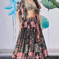 Stylish Black Multicolor Printed Embroidered Chinnon Silk Lehenga Choli Set with Shrug for Wedding