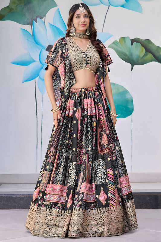 Stylish Black Multicolor Printed Embroidered Chinnon Silk Lehenga Choli Set with Shrug for Wedding