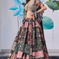 Stylish Black Multicolor Printed Embroidered Chinnon Silk Lehenga Choli Set with Shrug for Wedding