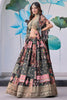 Stylish Black Multicolor Printed Embroidered Chinnon Silk Lehenga Choli Set with Shrug for Wedding