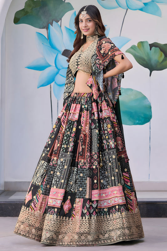 Stylish Black Multicolor Printed Embroidered Chinnon Silk Lehenga Choli Set with Shrug for Wedding