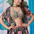 Stylish Black Multicolor Printed Embroidered Chinnon Silk Lehenga Choli Set with Shrug for Wedding