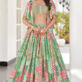 Refreshing Green Multicolor Printed Embroidered Chinnon Silk Lehenga Choli Set with Shrug for Wedding
