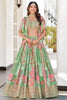 Refreshing Green Multicolor Printed Embroidered Chinnon Silk Lehenga Choli Set with Shrug for Wedding