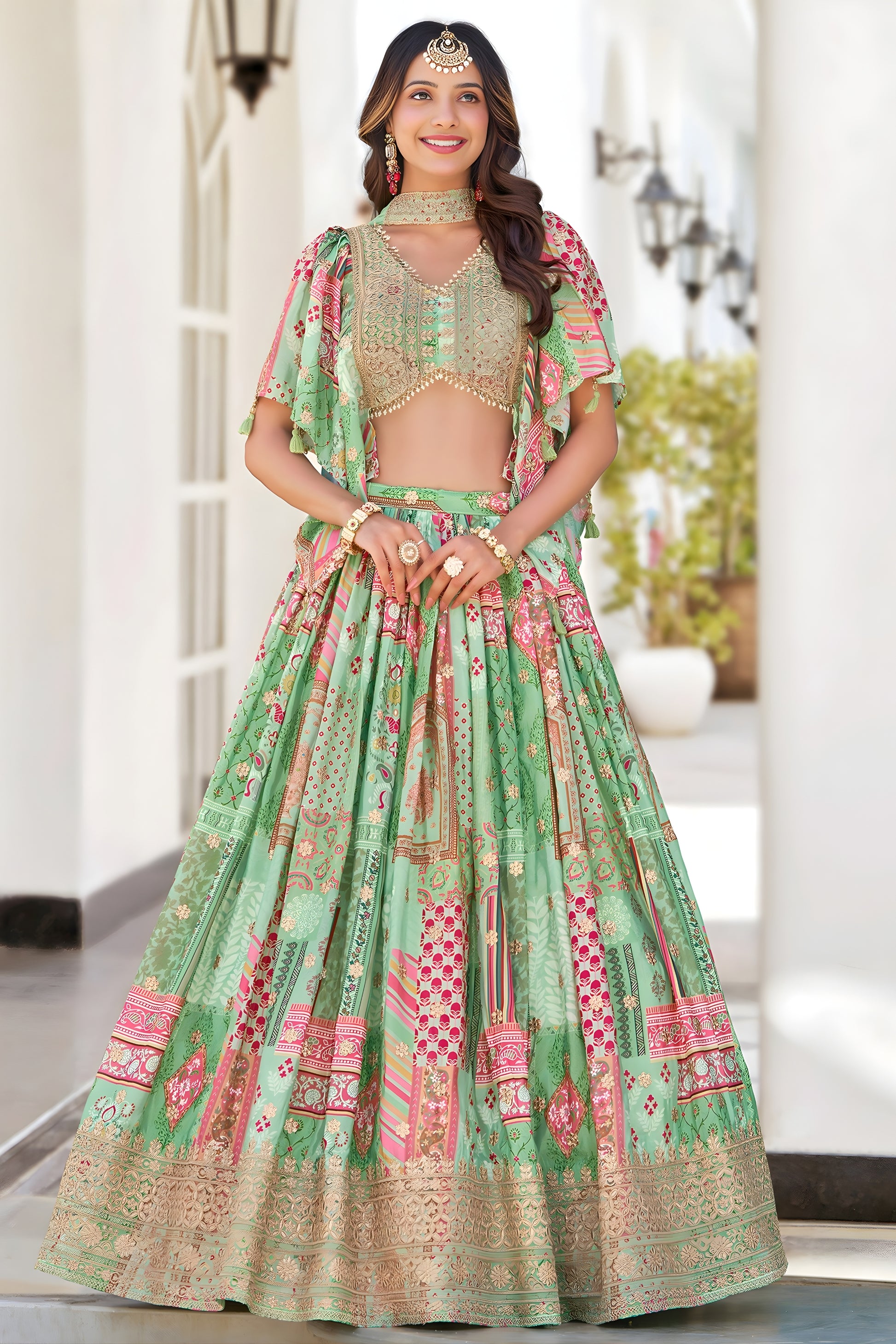 Refreshing Green Multicolor Printed Embroidered Chinnon Silk Lehenga Choli Set with Shrug for Wedding