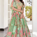 Refreshing Green Multicolor Printed Embroidered Chinnon Silk Lehenga Choli Set with Shrug for Wedding