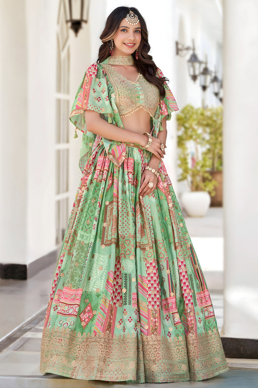 Refreshing Green Multicolor Printed Embroidered Chinnon Silk Lehenga Choli Set with Shrug for Wedding