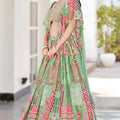 Refreshing Green Multicolor Printed Embroidered Chinnon Silk Lehenga Choli Set with Shrug for Wedding
