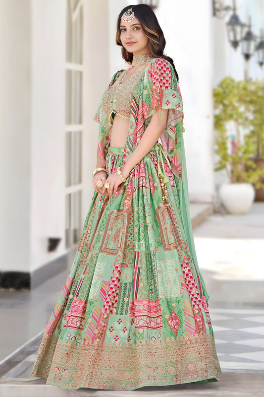 Refreshing Green Multicolor Printed Embroidered Chinnon Silk Lehenga Choli Set with Shrug for Wedding