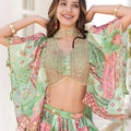 Refreshing Green Multicolor Printed Embroidered Chinnon Silk Lehenga Choli Set with Shrug for Wedding