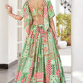 Refreshing Green Multicolor Printed Embroidered Chinnon Silk Lehenga Choli Set with Shrug for Wedding
