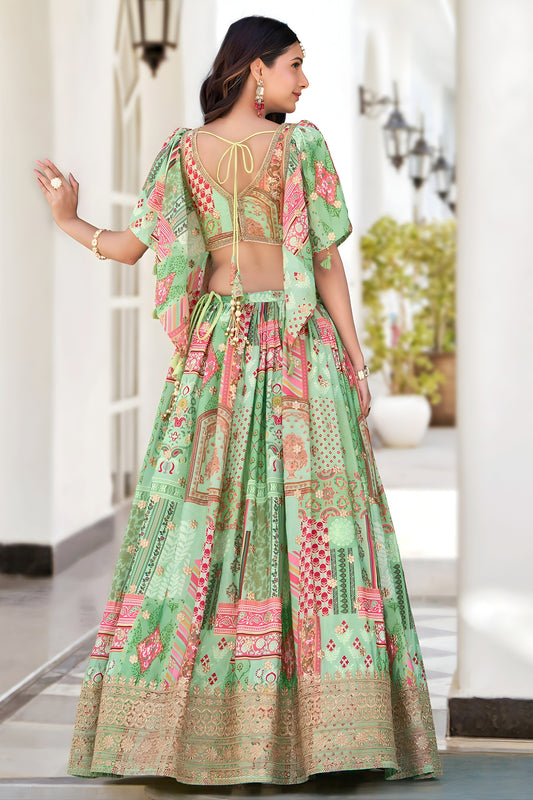 Refreshing Green Multicolor Printed Embroidered Chinnon Silk Lehenga Choli Set with Shrug for Wedding