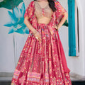 Lovely Pink Multicolor Printed Embroidered Chinnon Silk Lehenga Choli Set with Shrug for Wedding
