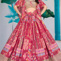 Lovely Pink Multicolor Printed Embroidered Chinnon Silk Lehenga Choli Set with Shrug for Wedding