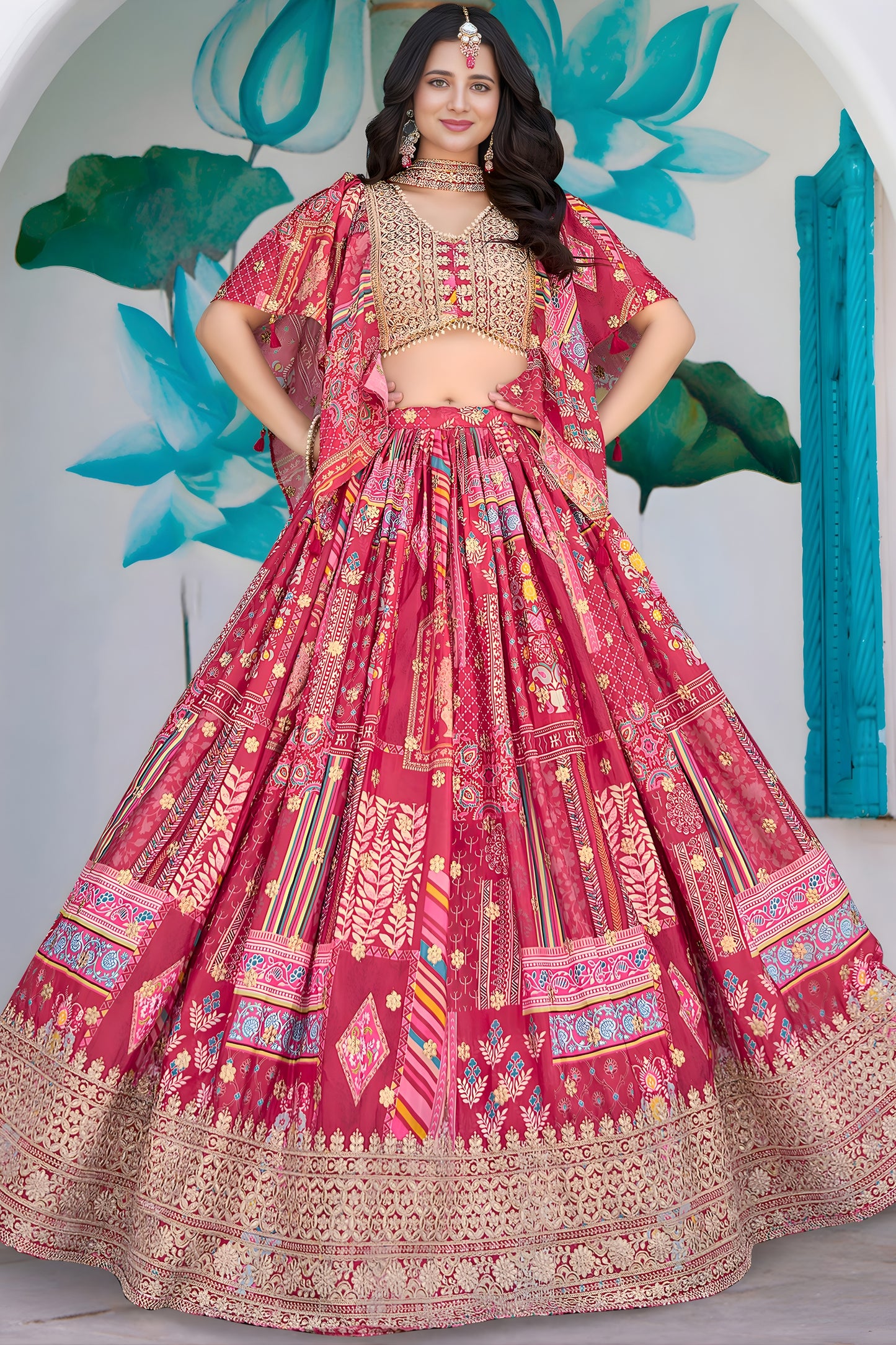 Lovely Pink Multicolor Printed Embroidered Chinnon Silk Lehenga Choli Set with Shrug for Wedding