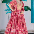 Lovely Pink Multicolor Printed Embroidered Chinnon Silk Lehenga Choli Set with Shrug for Wedding