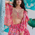 Lovely Pink Multicolor Printed Embroidered Chinnon Silk Lehenga Choli Set with Shrug for Wedding