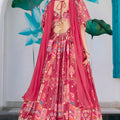 Lovely Pink Multicolor Printed Embroidered Chinnon Silk Lehenga Choli Set with Shrug for Wedding