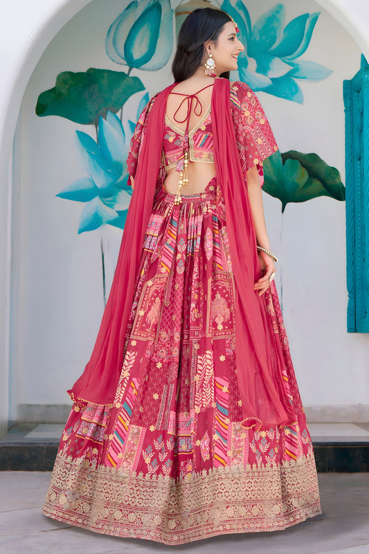 Lovely Pink Multicolor Printed Embroidered Chinnon Silk Lehenga Choli Set with Shrug for Wedding