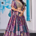 Stunning Purple Multicolor Printed Embroidered Chinnon Silk Lehenga Choli Set with Shrug for Wedding