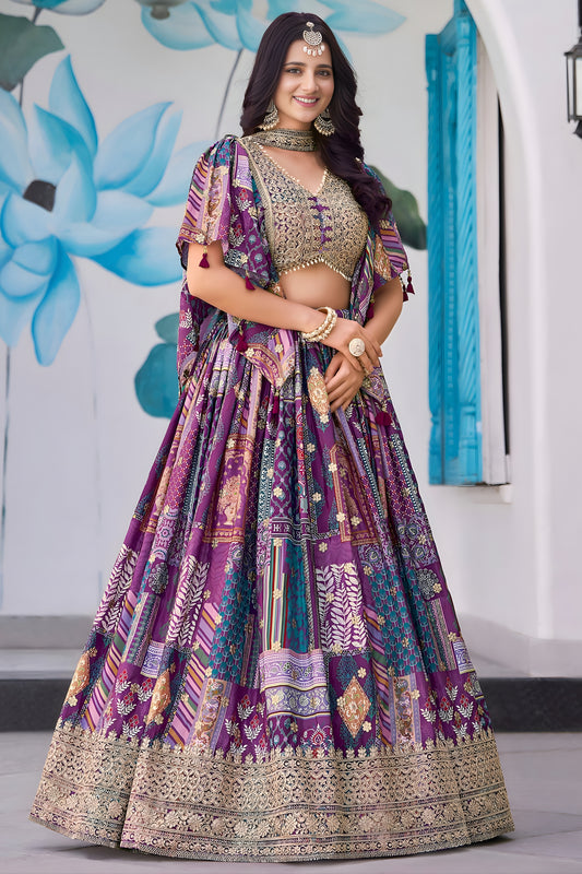 Stunning Purple Multicolor Printed Embroidered Chinnon Silk Lehenga Choli Set with Shrug for Wedding