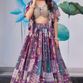 Stunning Purple Multicolor Printed Embroidered Chinnon Silk Lehenga Choli Set with Shrug for Wedding