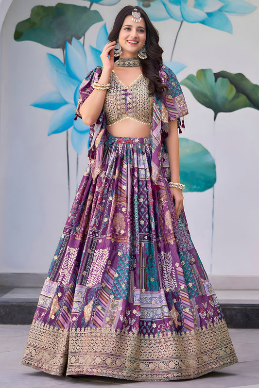 Stunning Purple Multicolor Printed Embroidered Chinnon Silk Lehenga Choli Set with Shrug for Wedding