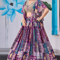 Stunning Purple Multicolor Printed Embroidered Chinnon Silk Lehenga Choli Set with Shrug for Wedding