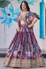 Stunning Purple Multicolor Printed Embroidered Chinnon Silk Lehenga Choli Set with Shrug for Wedding