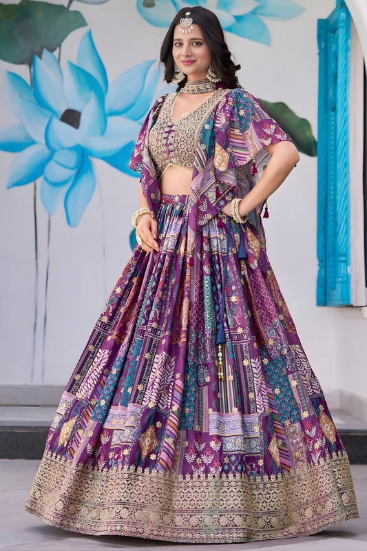 Stunning Purple Multicolor Printed Embroidered Chinnon Silk Lehenga Choli Set with Shrug for Wedding