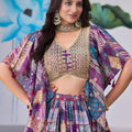 Stunning Purple Multicolor Printed Embroidered Chinnon Silk Lehenga Choli Set with Shrug for Wedding