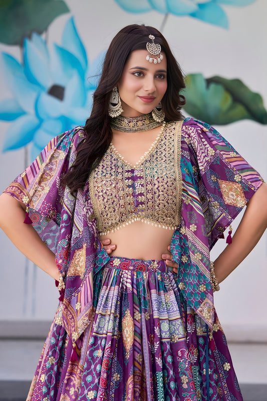 Stunning Purple Multicolor Printed Embroidered Chinnon Silk Lehenga Choli Set with Shrug for Wedding