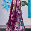Stunning Purple Multicolor Printed Embroidered Chinnon Silk Lehenga Choli Set with Shrug for Wedding