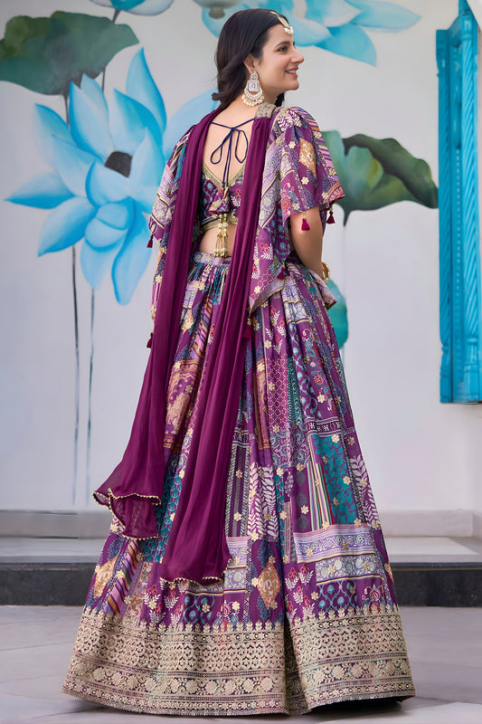 Stunning Purple Multicolor Printed Embroidered Chinnon Silk Lehenga Choli Set with Shrug for Wedding
