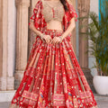 Trendy Red Multicolor Printed and Embroidered Chinnon Silk Lehenga Choli Set with Shrug for Wedding