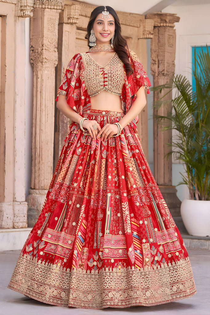 Trendy Red Multicolor Printed and Embroidered Chinnon Silk Lehenga Choli Set with Shrug for Wedding